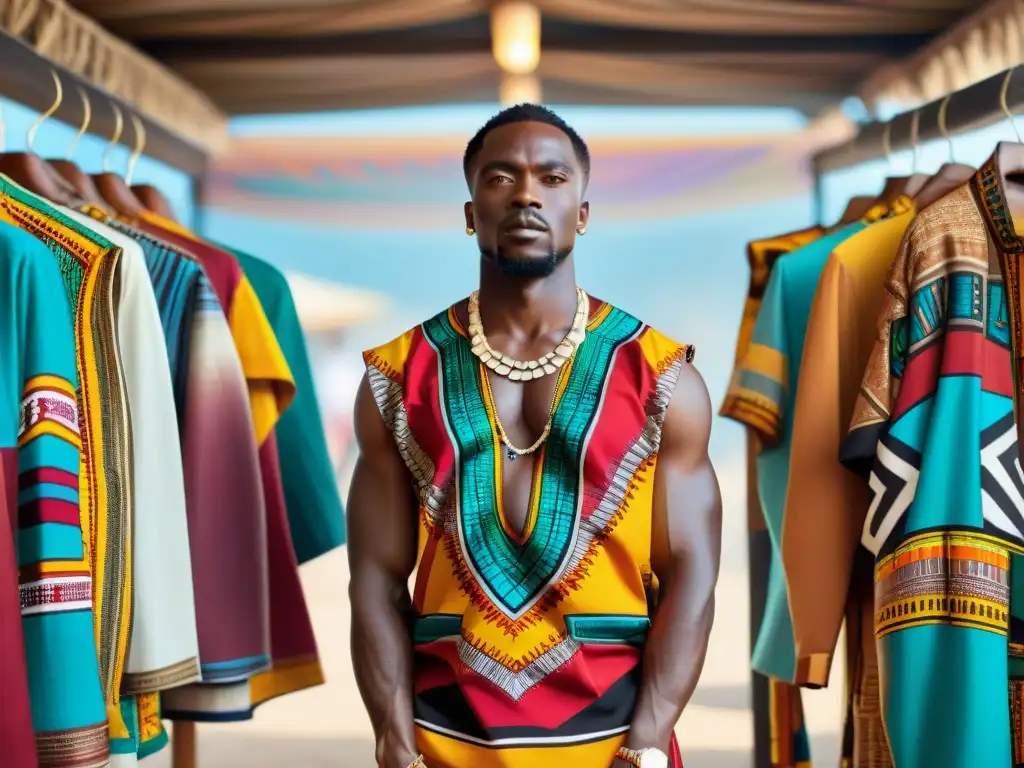 Mercado africano vibrante con coloridos dashikis en exhibición