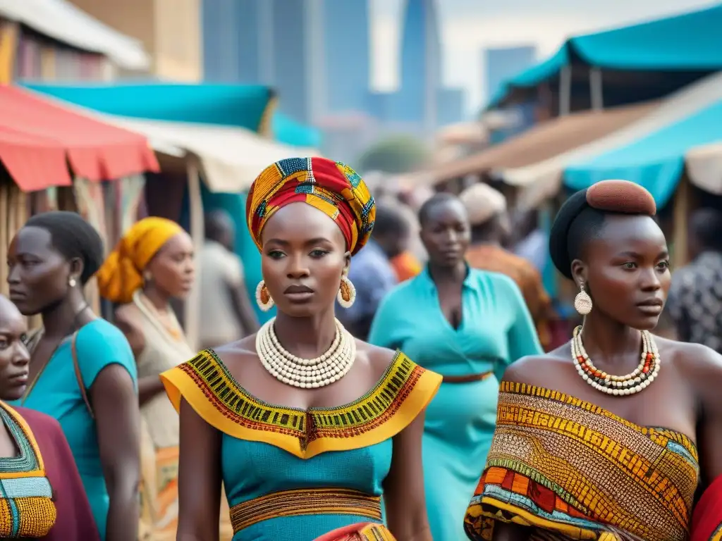 Un mercado africano vibrante y concurrido, donde se mezclan telas tradicionales coloridas, bisutería intricada y accesorios hechos a mano