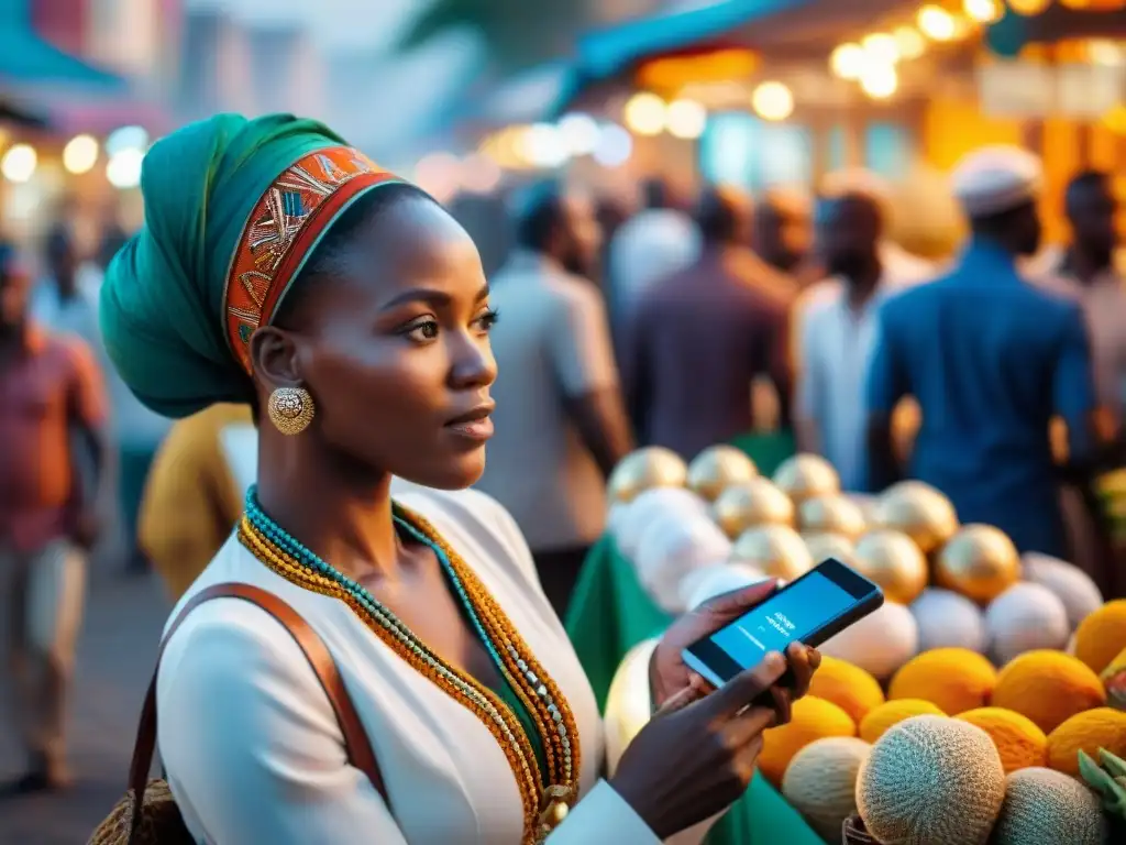 Mercado africano vibrante fusionando cultura tradicional con tecnología moderna, pagos digitales y futuro dinero CBDC en África