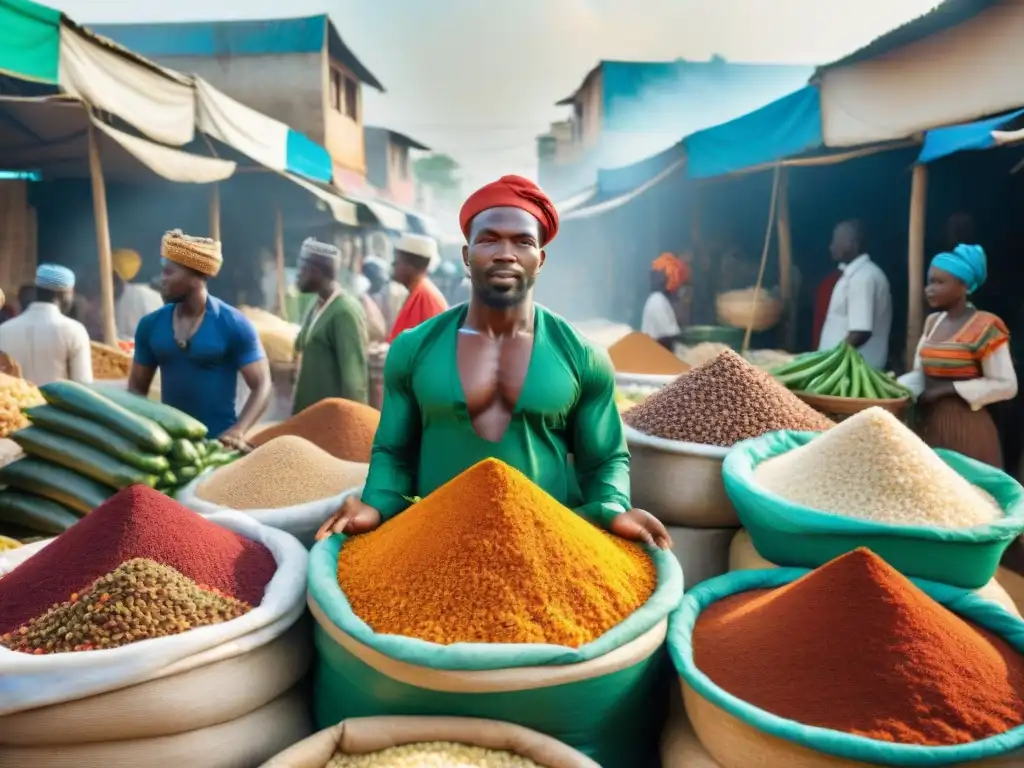 Mercado africano vibrante con especias y vegetales coloridos bajo el sol intenso