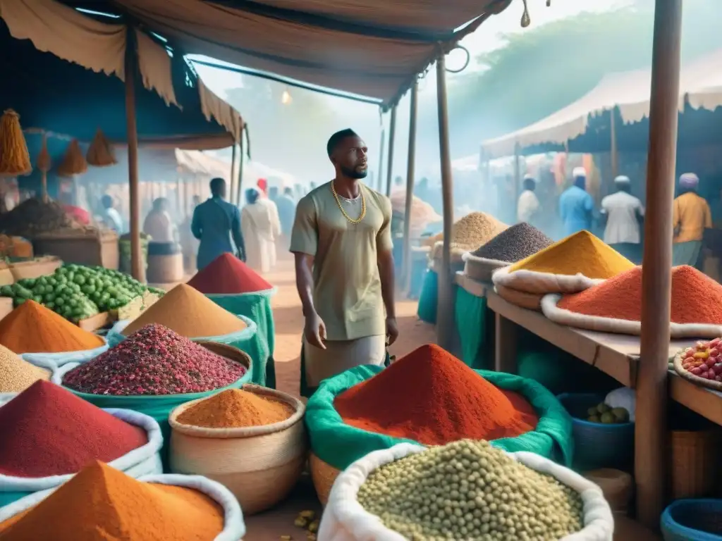 Mercado africano vibrante con especias y utensilios de cocina tradicionales, inmerso en la cultura culinaria