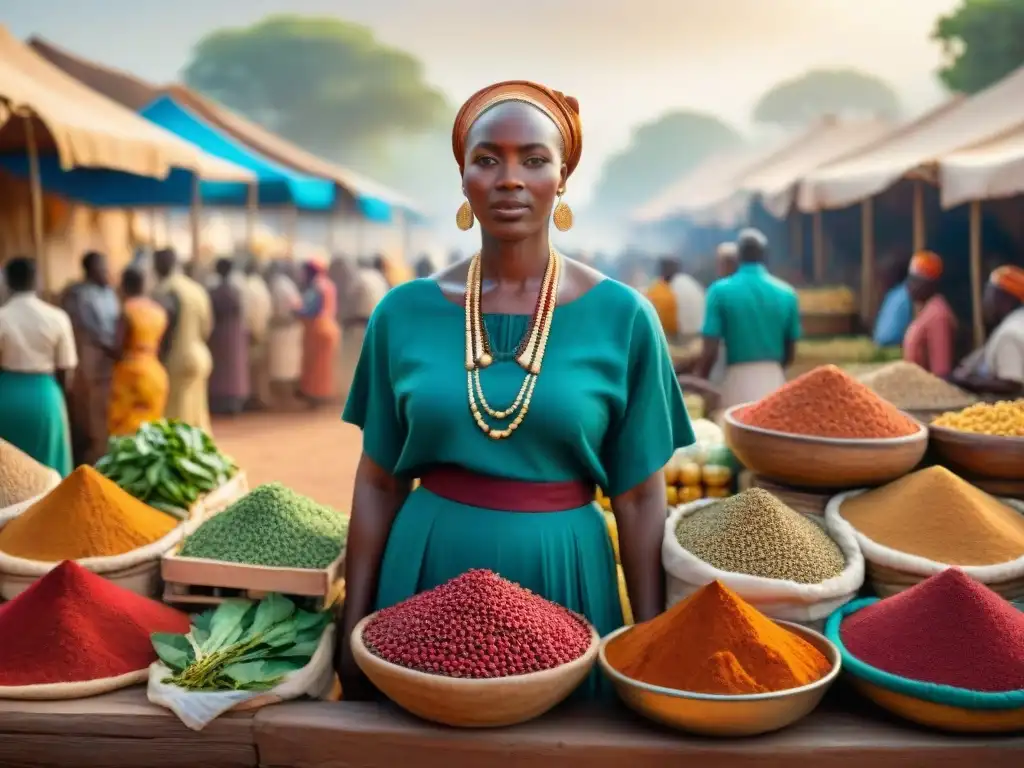 Mercado africano vibrante con especias y frutas coloridas bajo el sol dorado, reflejando la influencia africana en comfort food