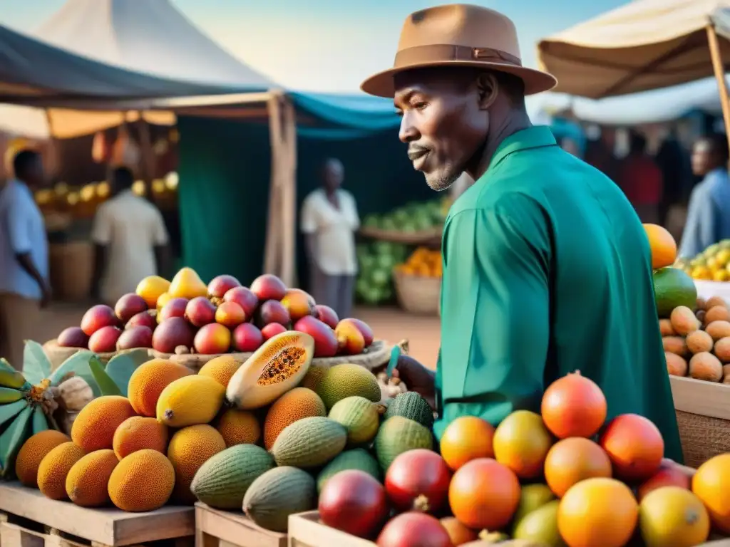 Mercado africano vibrante con frutas exóticas como baobab, melón con cuernos y marula