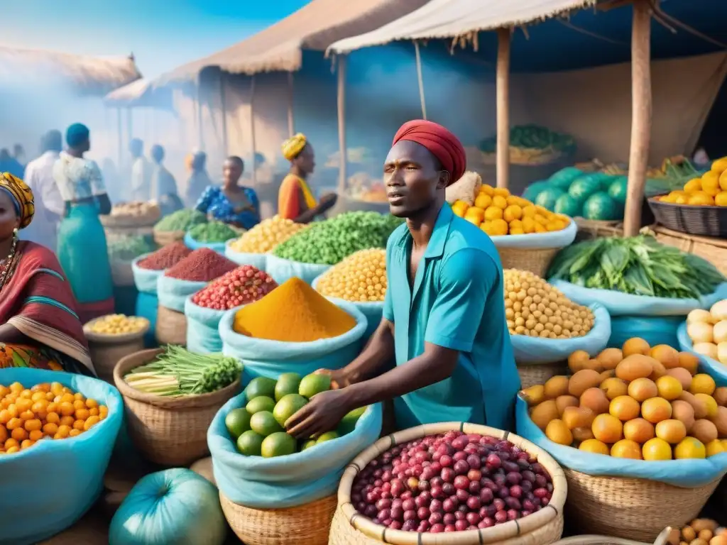 Mercado africano vibrante con frutas y verduras coloridas, reflejo de la dieta de tribus africanas y sus secretos de longevidad