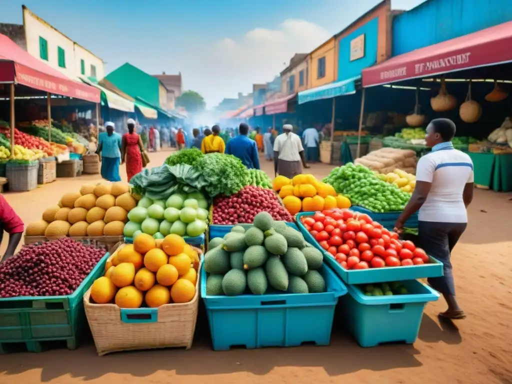 Mercado africano vibrante con frutas y verduras bajo el sol, promoviendo la salud digestiva y la dieta africana