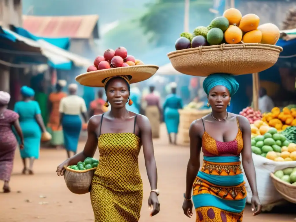 Un mercado africano vibrante con frutas, verduras y artesanías coloridas