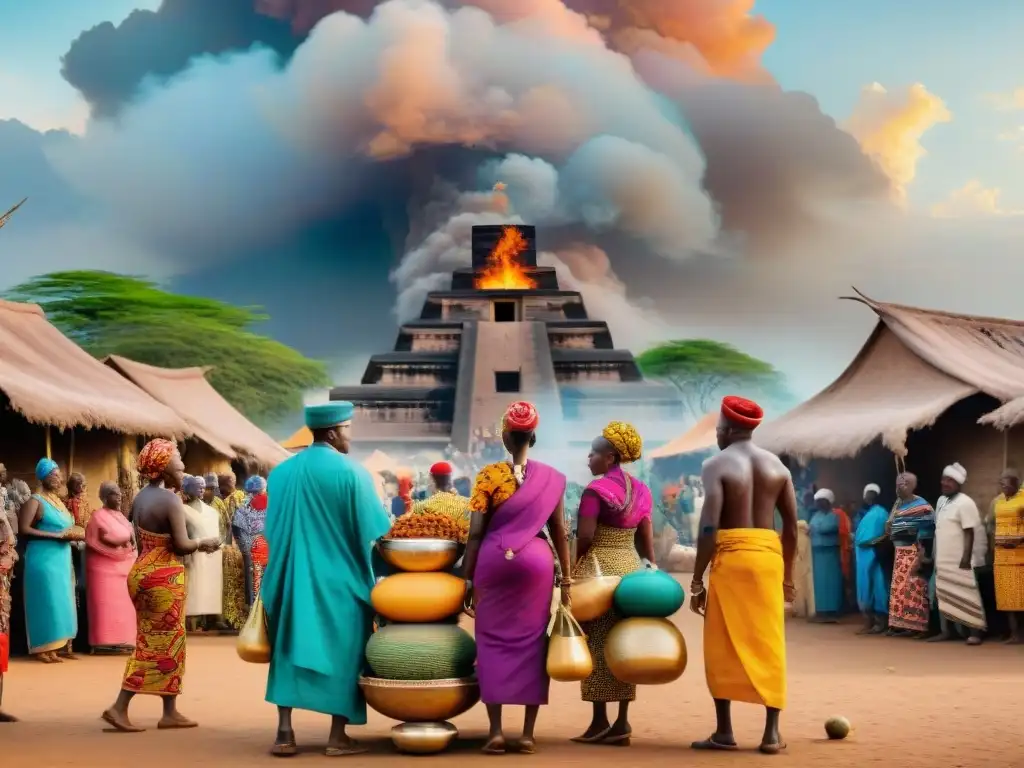 Mercado africano vibrante con influencia global y rituales religiosos, gente intercambiando bienes y atuendos coloridos