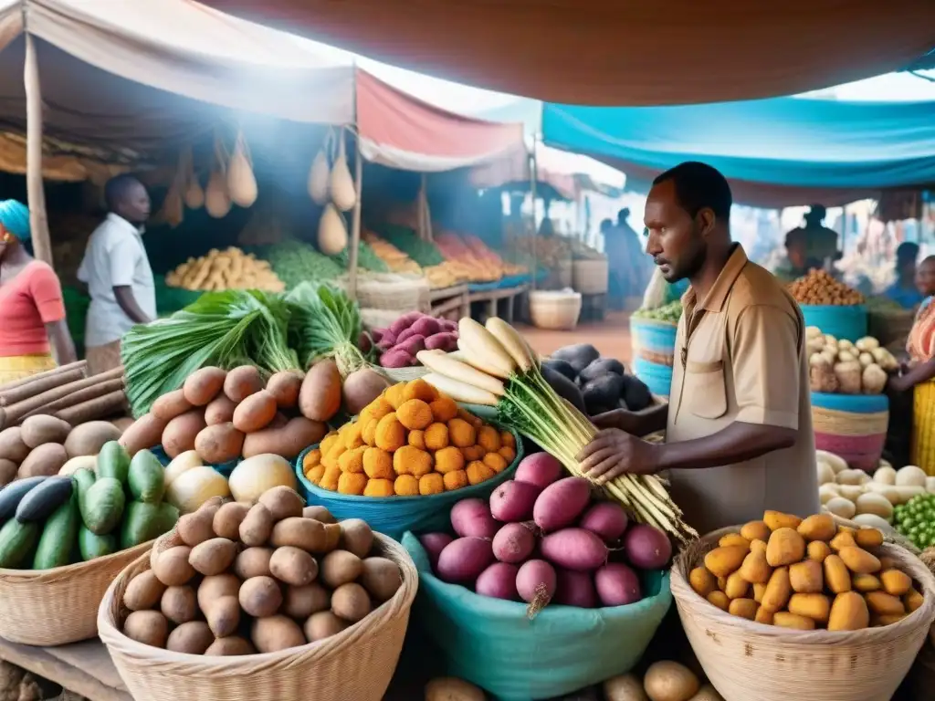 Mercado africano vibrante con influencia de raíces africanas: vendedores locales, vegetales coloridos y cestas de cosecha fresca