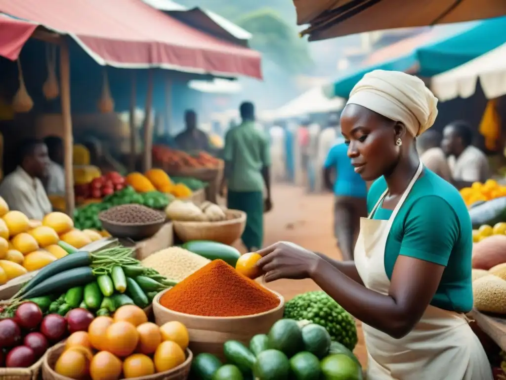 Mercado africano vibrante con influencia gastronomía africana en global: frutas, especias y platos locales coloridos