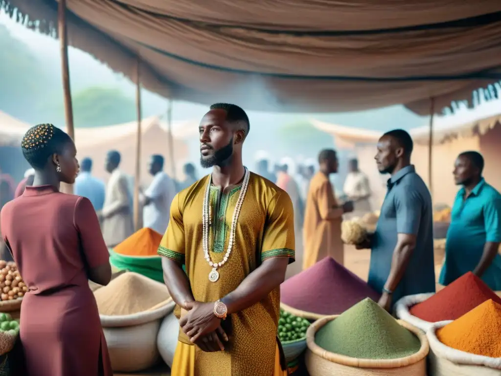 Mercado africano vibrante con influencia de religión en comercio y rituales