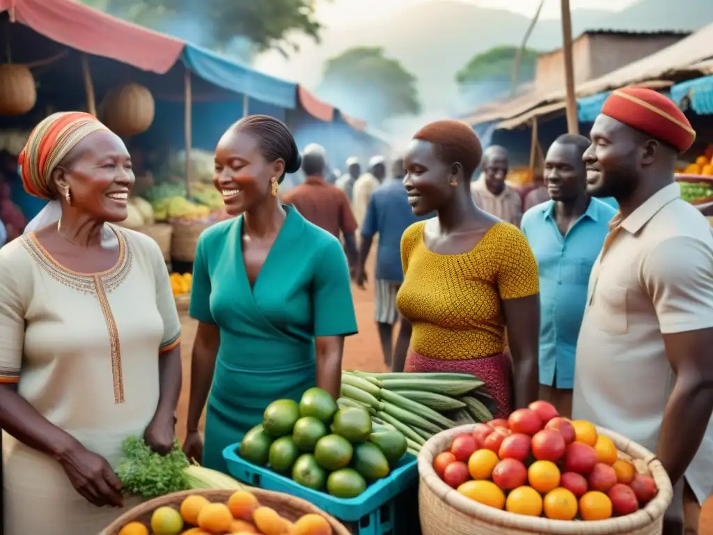 Mercado africano vibrante con ingredientes saludables únicos, reflejando la influencia de ingredientes africanos saludables