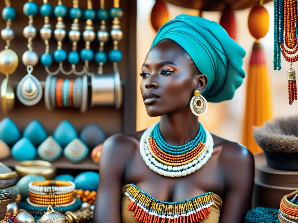Mercado africano vibrante: joyería artesanal única Mercado africano vibrante con joyas artesanales de cuentas y conchas, reflejando el significado cultural del comercio de joyas africano
