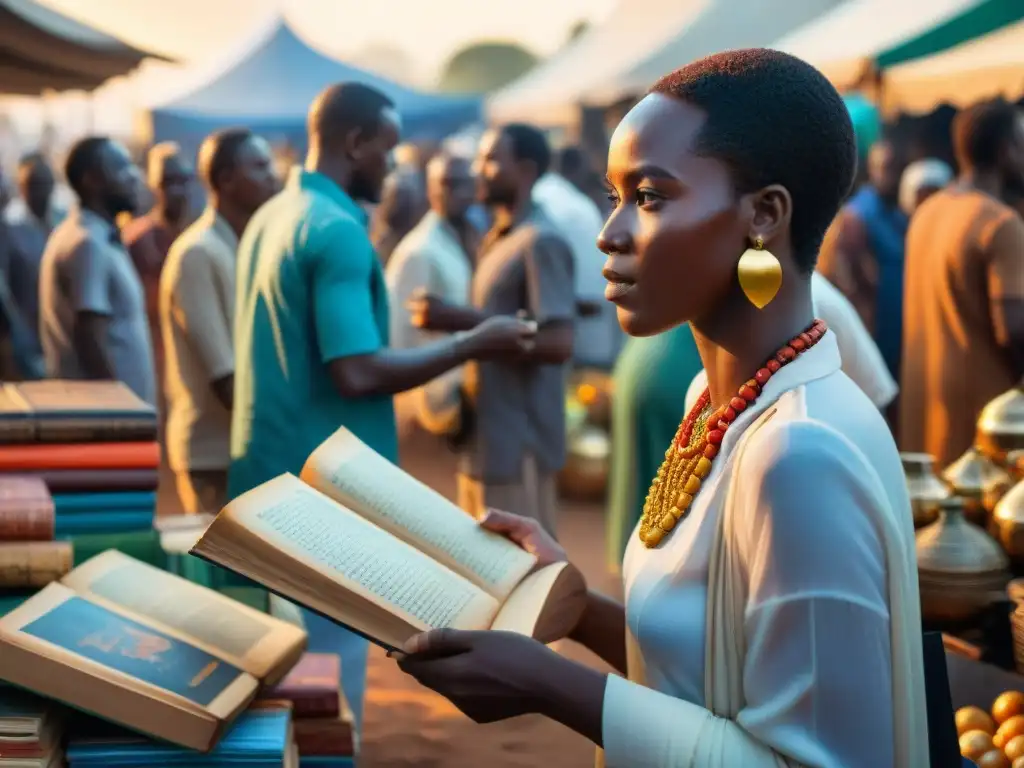 Un mercado africano vibrante con libros y arte, reflejando la literatura africana joyas ocultas