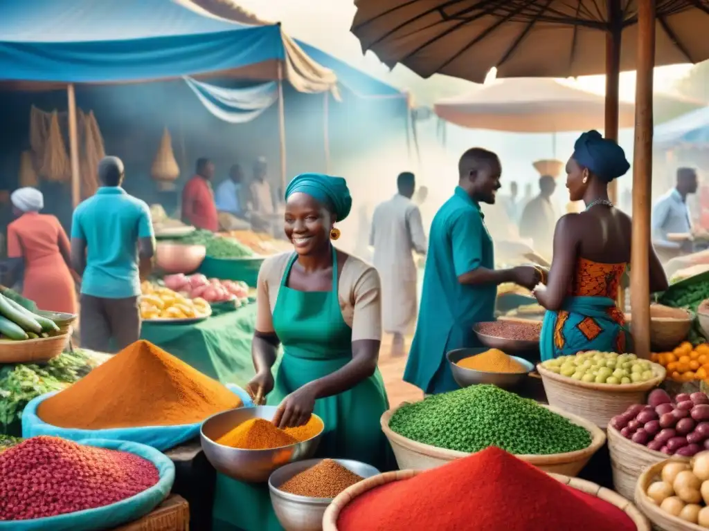 Un mercado africano vibrante, lleno de coloridos puestos con productos frescos y especias, reflejando el legado culinario de los reinos africanos