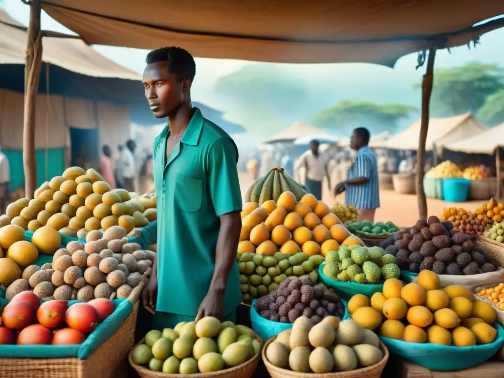 Un mercado africano vibrante lleno de frutas exóticas como baobab y melón cornudo, reflejando la industria de suplementos de frutas africanas