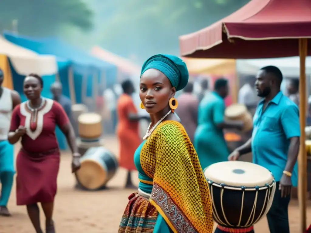 Un mercado africano vibrante y lleno de vida, donde se venden telas coloridas y alimentos tradicionales