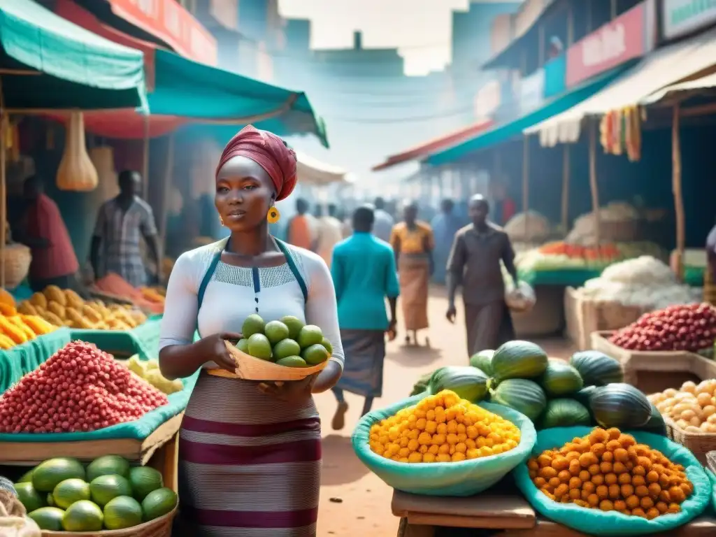 Un mercado africano vibrante con una mezcla de modernidad y tradición, donde jóvenes emprendedores y vendedores mayores conviven