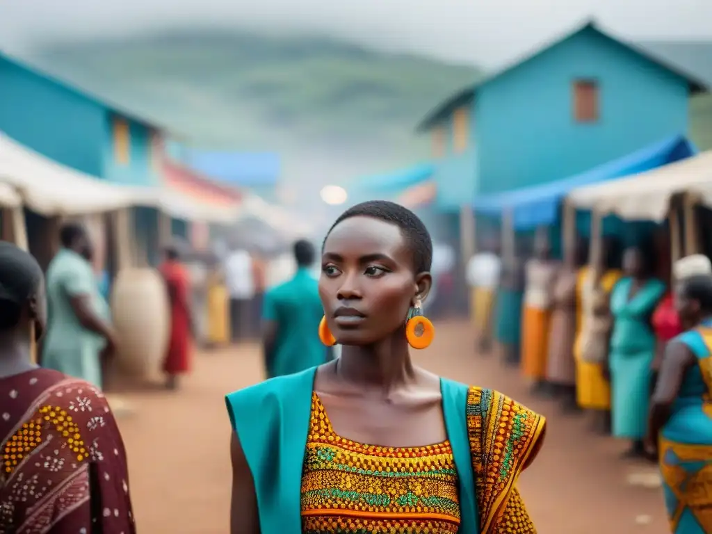 Mercado africano vibrante con moda ética sostenible y artesanos locales mostrando coloridas prendas y accesorios