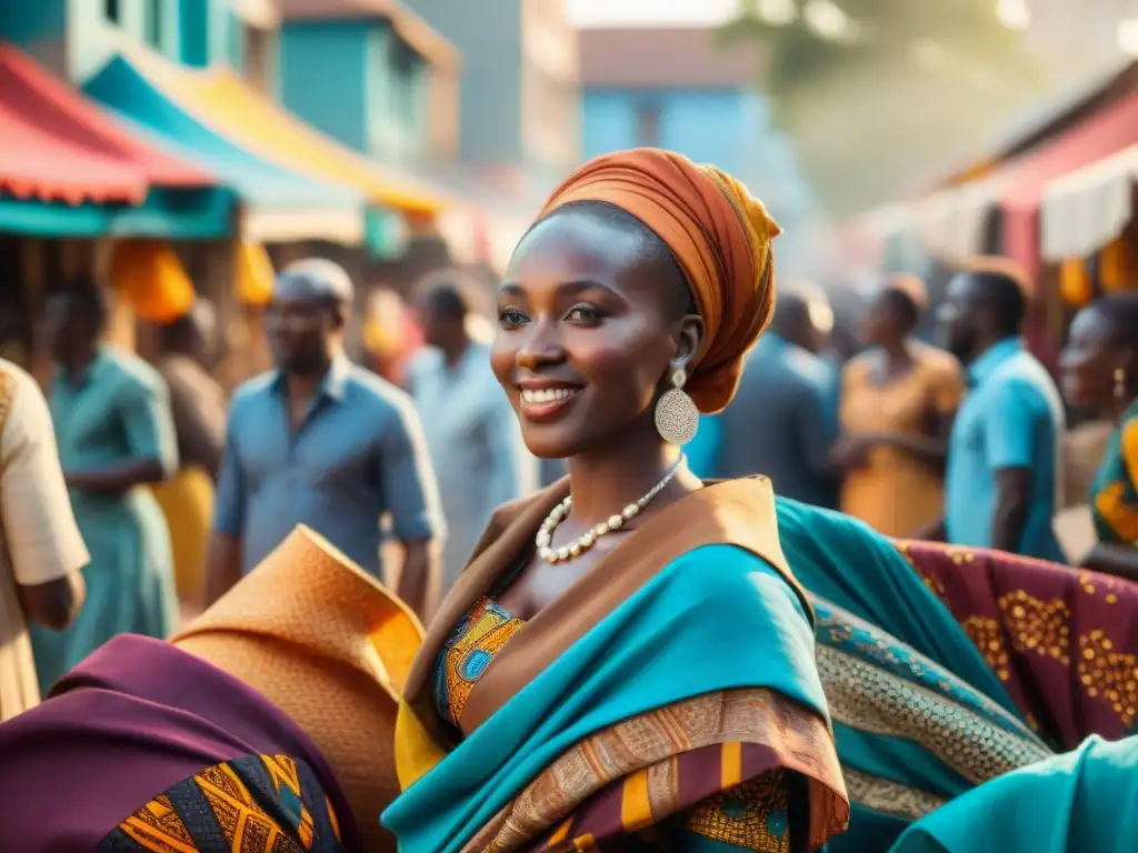 Mercado africano vibrante con mujeres en trajes tradicionales, intercambiando monedas y conversaciones