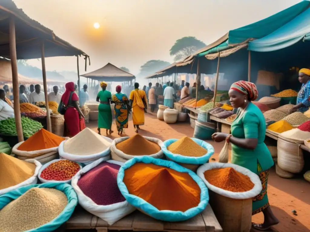 Mercado africano vibrante con mujeres negociando en un atardecer dorado