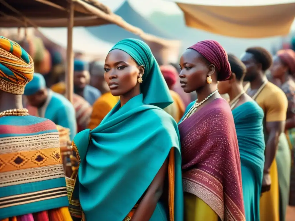 Un mercado africano vibrante con mujeres vendiendo tejidos tradicionales rodeadas de clientes, reflejando la historia y arte de los tejidos africanos