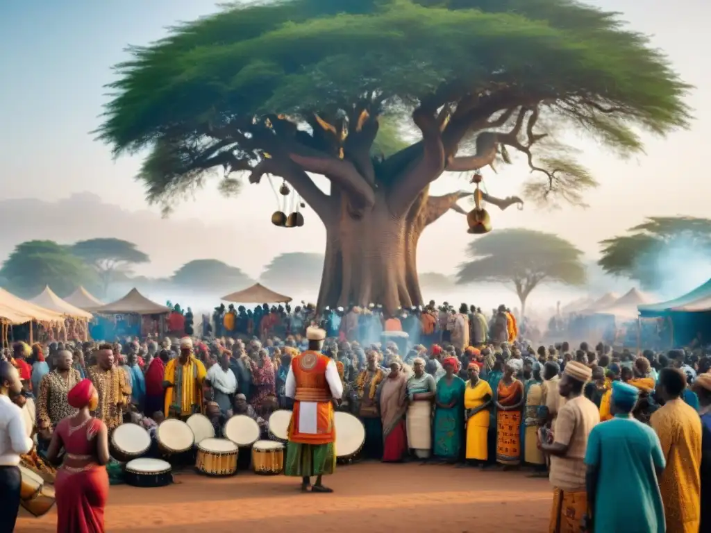 Un mercado africano vibrante con músicos tocando bajo un árbol, rodeados de gente diversa escuchando con atención