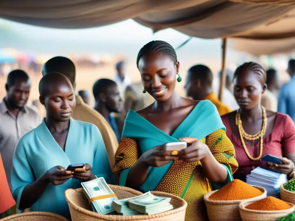 Mercado africano vibrante con pagos tradicionales y digitales, reflejando el futuro del dinero con CBDC en África