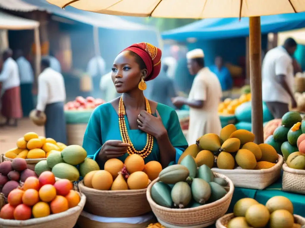 Un mercado africano vibrante repleto de frutas exóticas como baobab, melón cornudo y marula