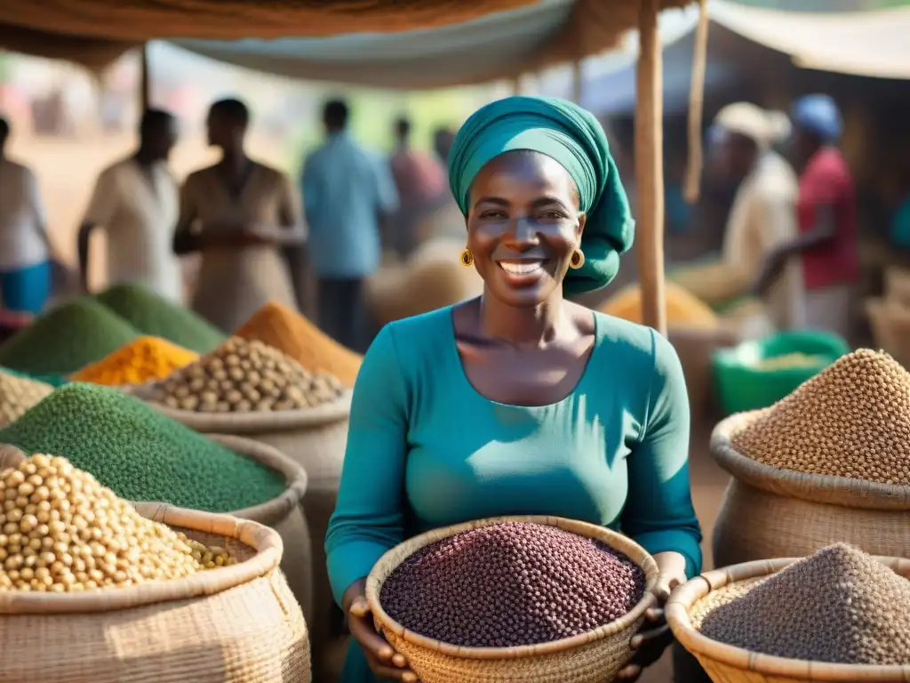 Un mercado africano vibrante con Semillas de Nigella beneficios inmunológicos en cestas tejidas, reflejando cultura y color