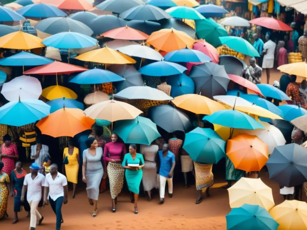 Un mercado africano vibrante bajo sombrillas coloridas, reflejando diversidad y actividad económica