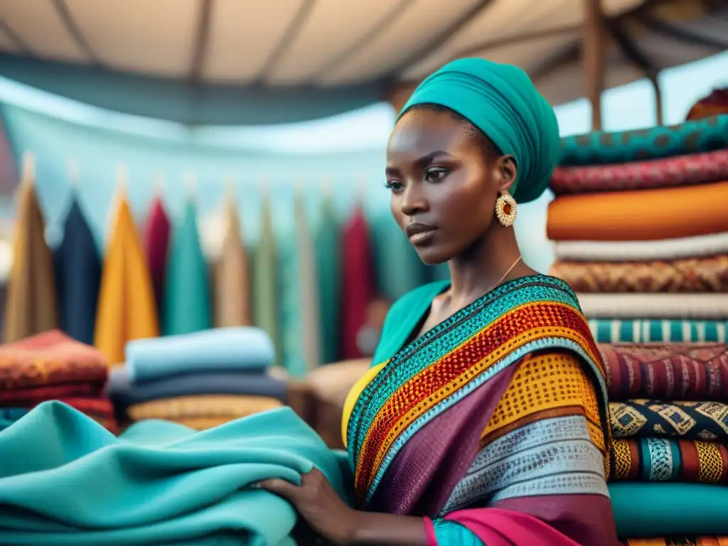 Mercado textil africano: colores, tradición y comunidad Un mercado africano vibrante con telas coloridas y artesanos creando moda