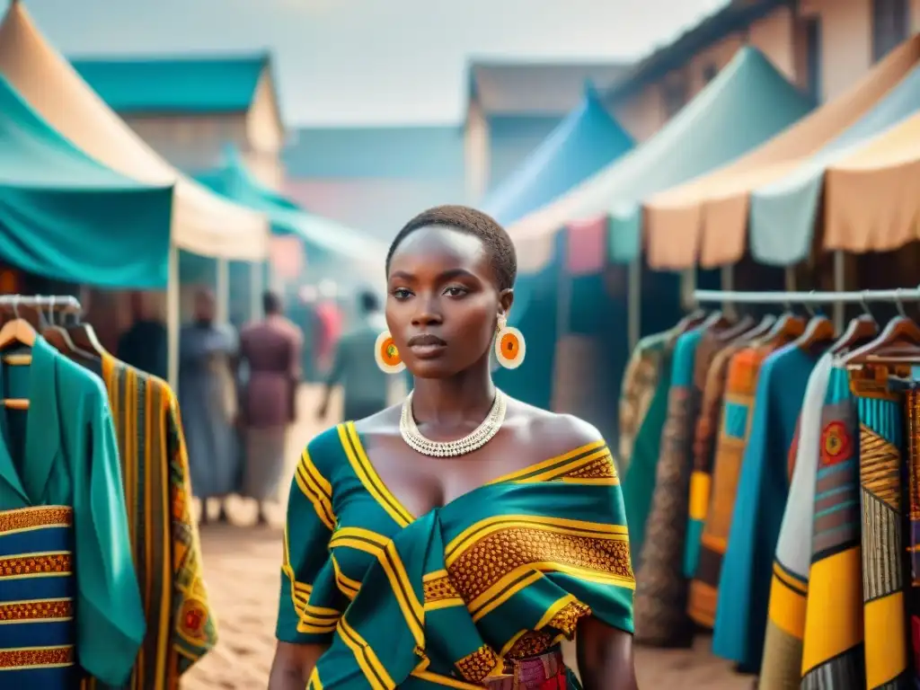 Mercado africano vibrante con telas tradicionales como Ankara, Kente y Kitenge, mostrando la influencia global de estilos de moda africana