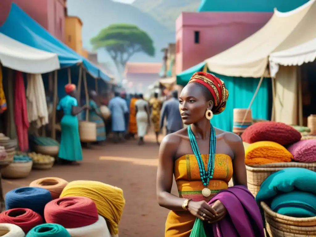 Un mercado africano vibrante con textiles coloridos y vendedores animados