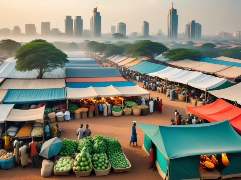 Mercado africano vibrante con variedad de puestos coloridos y gente activa, reflejando transformación económica a través del conocimiento