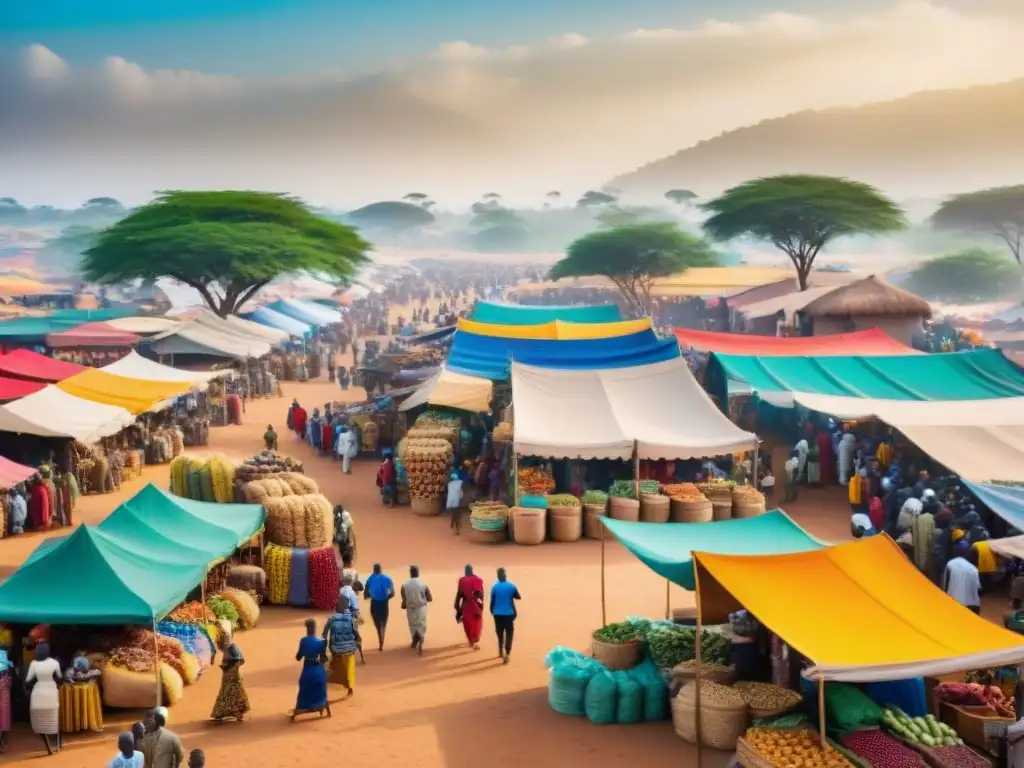 Mercado africano vibrante con vendedores y productos diversos, reflejando la influencia de civilizaciones africanas en la economía digital