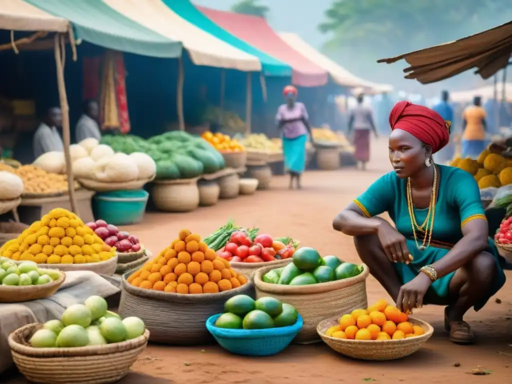 Mercado africano vibrante con vendedores coloridos y productos frescos bajo el sol de África