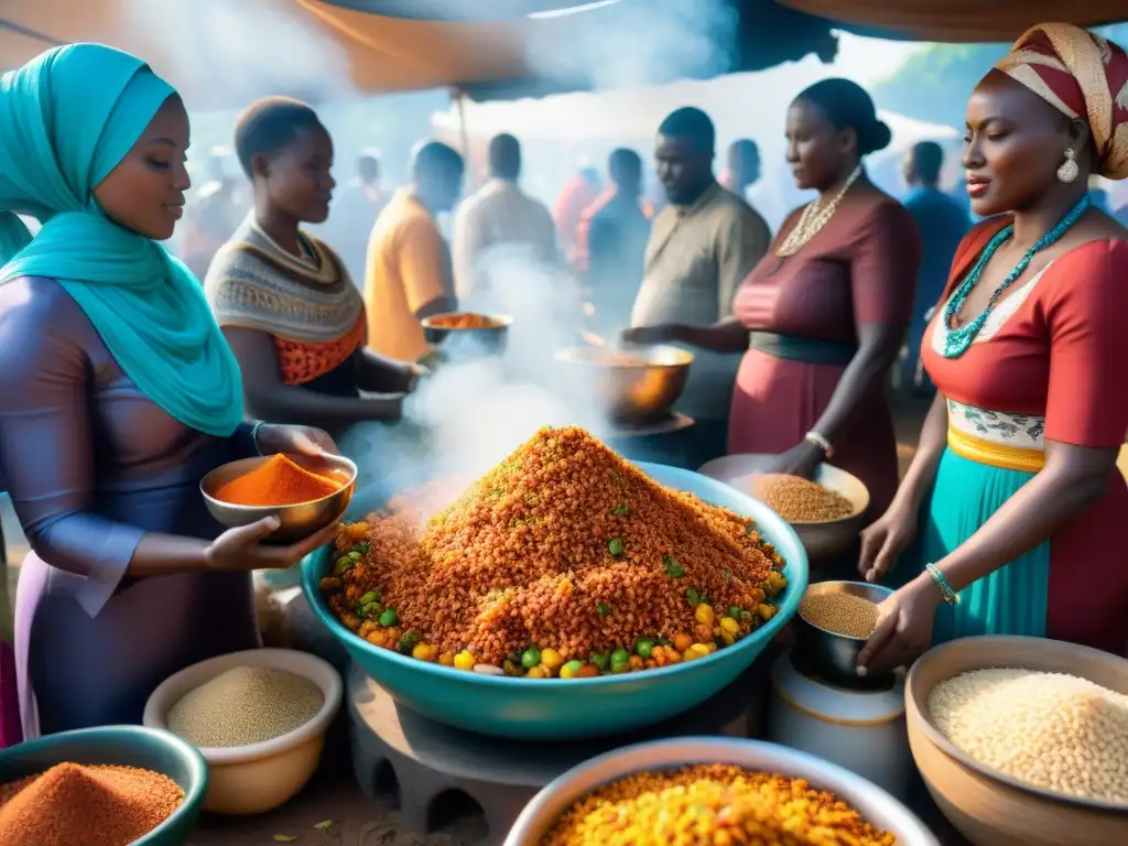 Mercado africano vibrante con vendedores preparando arroz Jollof, reflejando la historia y la influencia global de este plato icónico