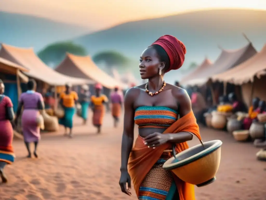 Mercado animado al atardecer en una aldea africana, mujeres vendiendo artesanías, músicos y niños felices