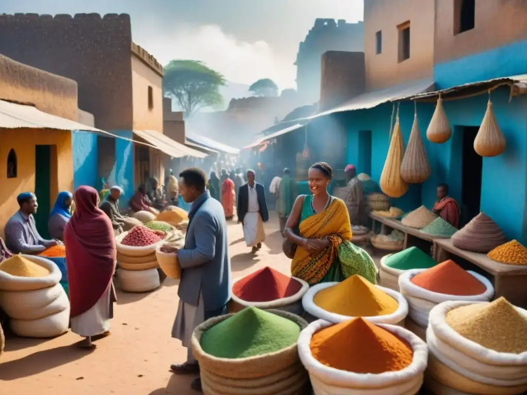 Mercado animado en la ciudad antigua de Harar, Etiopía, con comerciantes locales y productos coloridos bajo el cálido sol