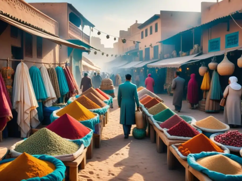 Mercado animado en una ciudad del norte de África, con productos tradicionales y bulliciosa actividad comercial