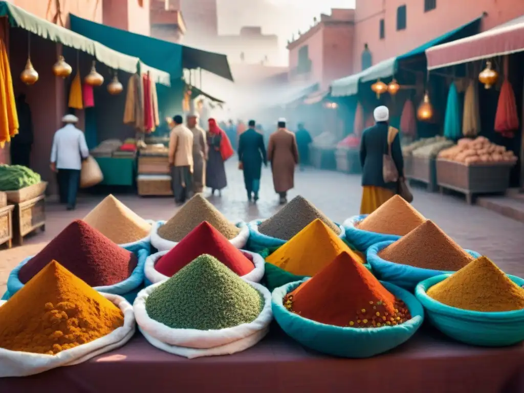 Mercado animado en Marrakech con vendedores locales y turistas disfrutando de textiles y especias