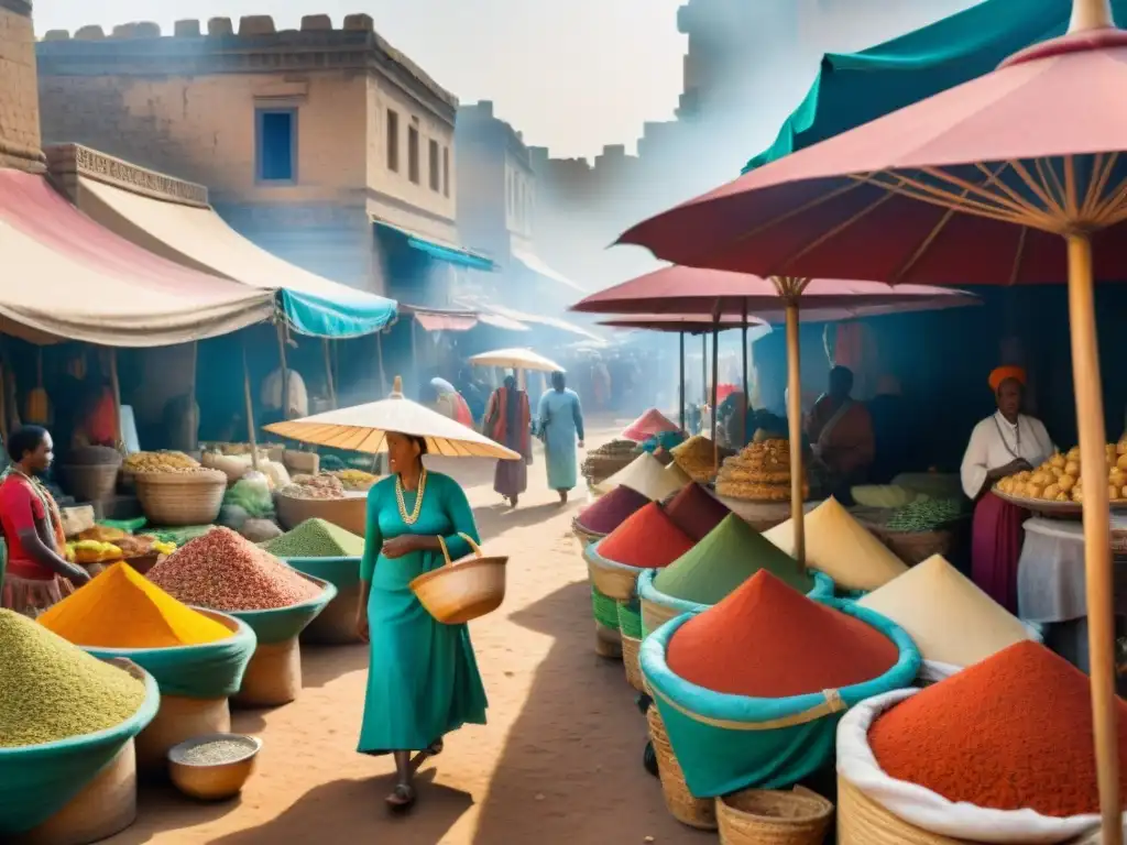 Mercado animado en el Reino de Aksum, descubrimientos dietas cocinas africanas