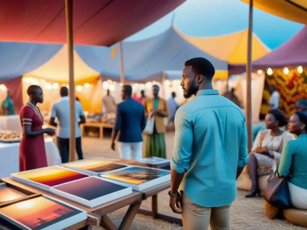 Un mercado de arte africano bullicioso al atardecer, reflejando la importancia del arte africano global