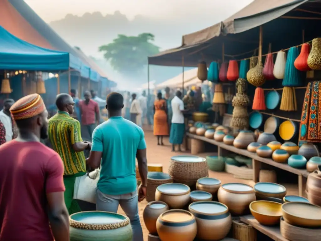 Mercado arte africano tendencias: Escena vibrante de un bullicioso mercado de arte en África, con artistas locales y visitantes de todo el mundo