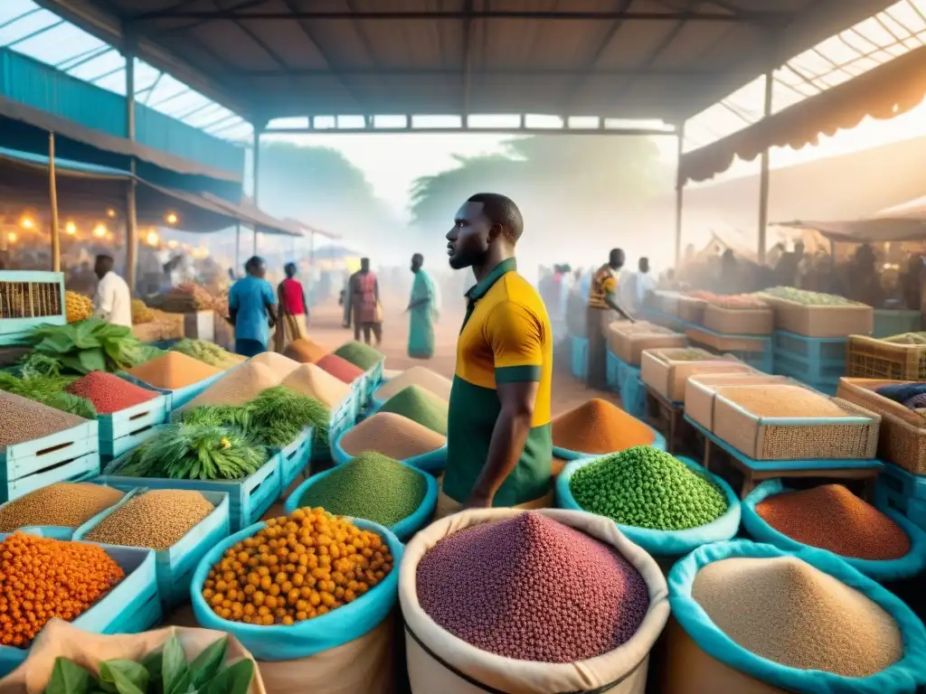 Un mercado bullicioso en África con animales y plantas exóticos en comercio