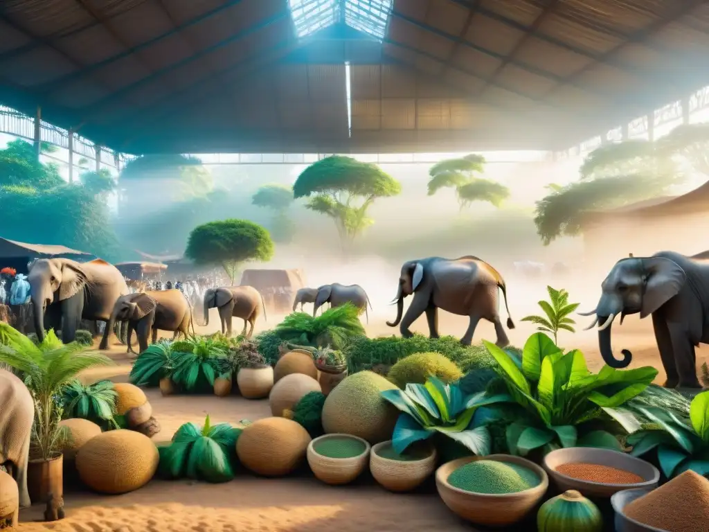 Un mercado bullicioso en África, con animales y plantas exóticas