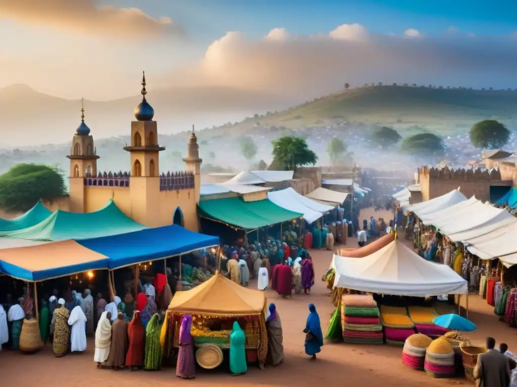 Un mercado bullicioso en la antigua ciudad de Harar, Etiopía, mostrando el legado del Islam en África con bazares vibrantes y mezquitas ornamentadas