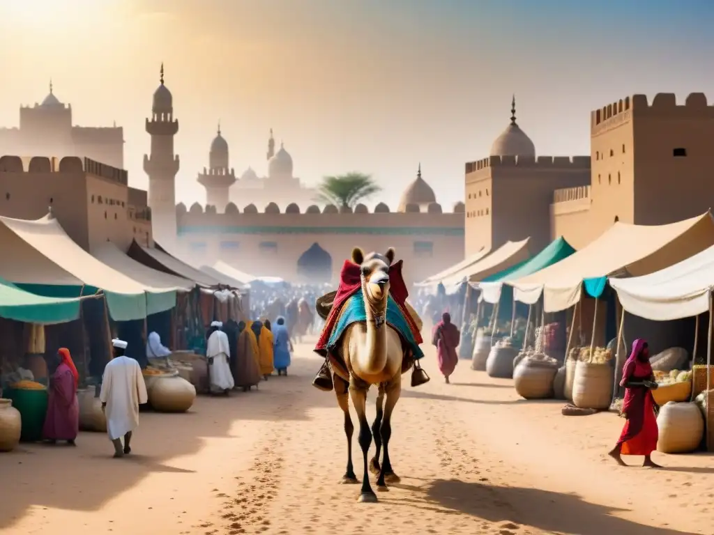 Mercado bullicioso en la antigua Timbuktu, con comercio vibrante de especias y textiles entre distintos mercaderes africanos bajo el sol del desierto