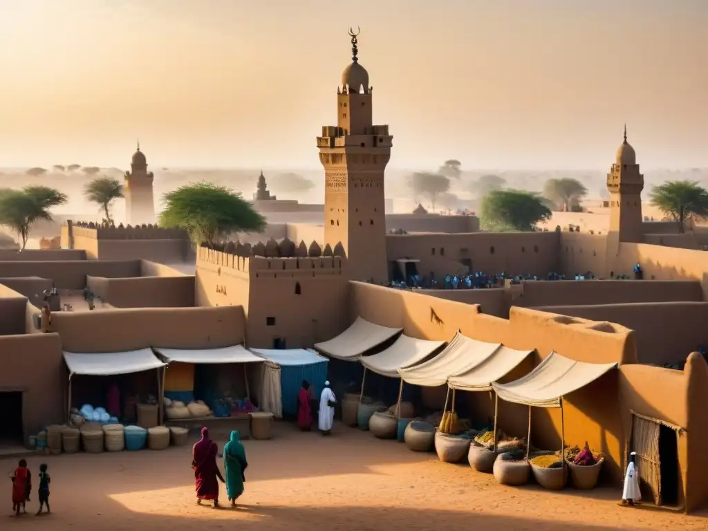 Un mercado bullicioso en la antigua Timbuktu: colores, especias y artesanías, bajo el sol sahariano