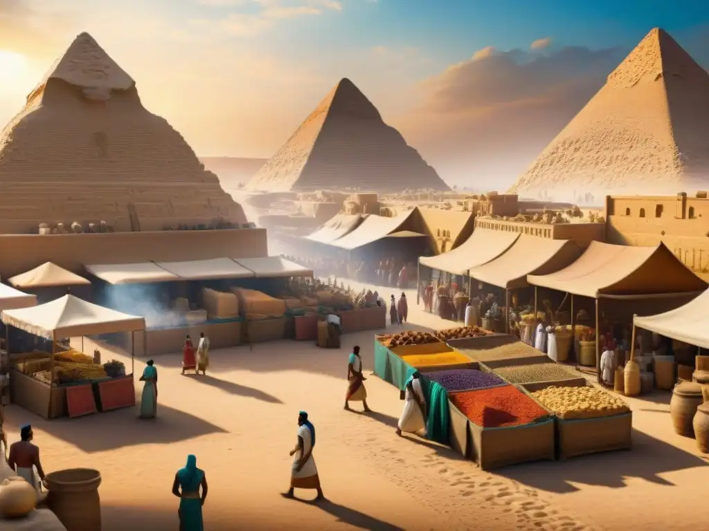 Mercado bullicioso en Egipto antiguo: comercio y cultura ante las pirámides Un mercado bullicioso en el antiguo Egipto, con pirámides de fondo y comerciantes intercambiando bienes: Maravillas del Antiguo Egipto influencia